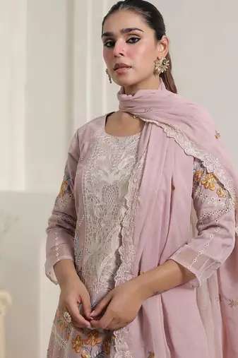 Women Floral Embroidered Sequinned Pure Cotton Kurta with Trousers & Dupatta