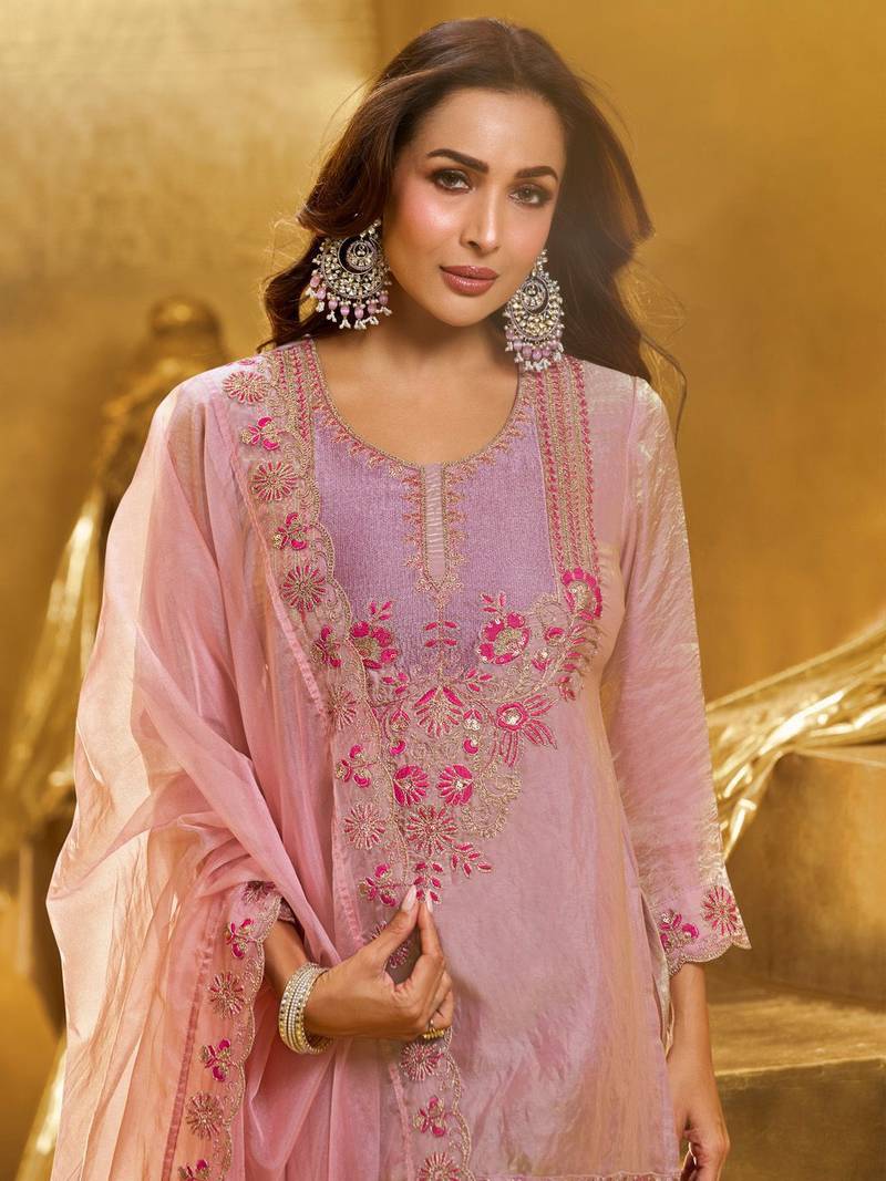 Women Embroidered Crushed Organza Silk Kurta Set with Dupatta