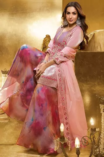 Women Embroidered Crushed Organza Silk Kurta Set with Dupatta