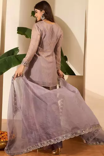Women Crushed Oraganza Silk Embroidered Kurta Set with Dupatta