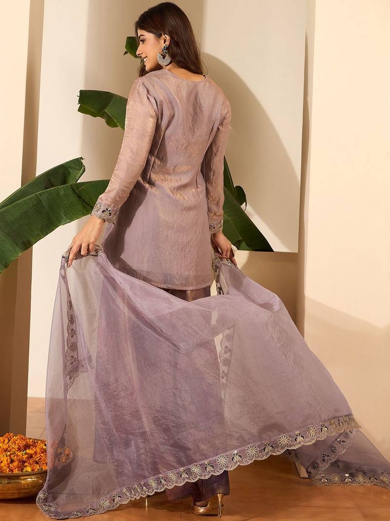 Women Crushed Oraganza Silk Embroidered Kurta Set with Dupatta