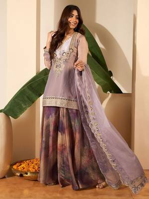 Women Crushed Oraganza Silk Embroidered Kurta Set with Dupatta 5