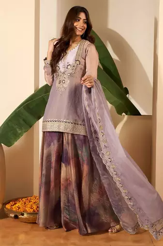 Women Crushed Oraganza Silk Embroidered Kurta Set with Dupatta