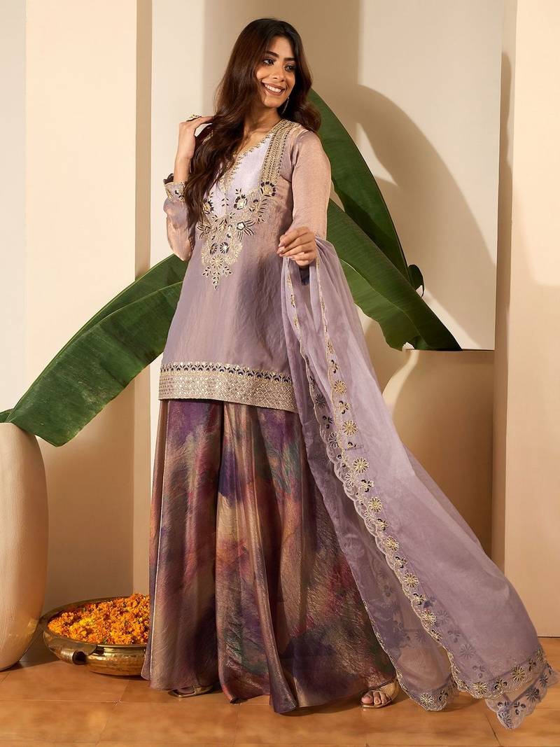 Women Crushed Oraganza Silk Embroidered Kurta Set with Dupatta