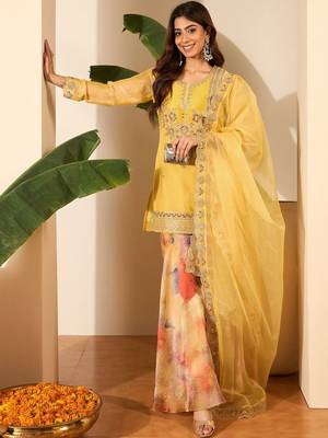 Women Crushed Oraganza Silk Embroidered Kurta Set with Dupatta 1