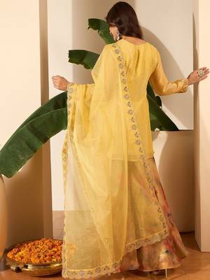 Women Crushed Oraganza Silk Embroidered Kurta Set with Dupatta 4