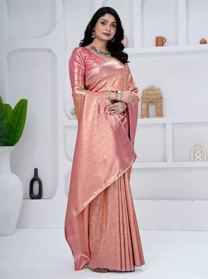 Royal peach pink colour  all over woven zari tissue silk party wear saree with blouse 1