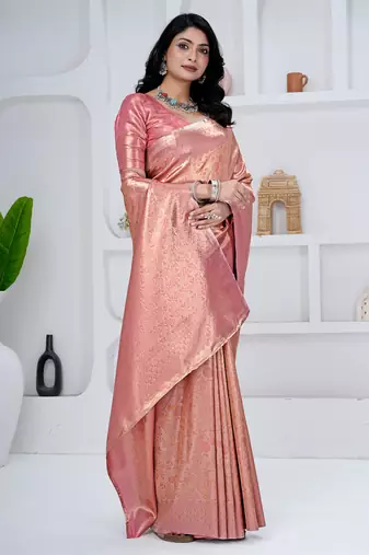 Royal peach pink colour  all over woven zari tissue silk party wear saree with blouse