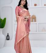 Royal peach pink colour  all over woven zari tissue silk party wear saree with blouse