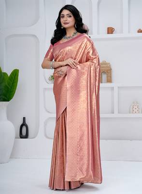 Royal peach pink colour  all over woven zari tissue silk party wear saree with blouse 2