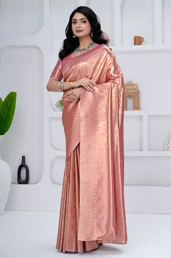 Royal peach pink colour  all over woven zari tissue silk party wear saree with blouse