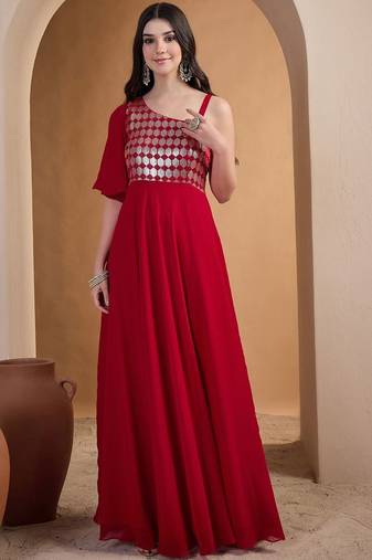 Red colour Embroidered Ethnic Gown