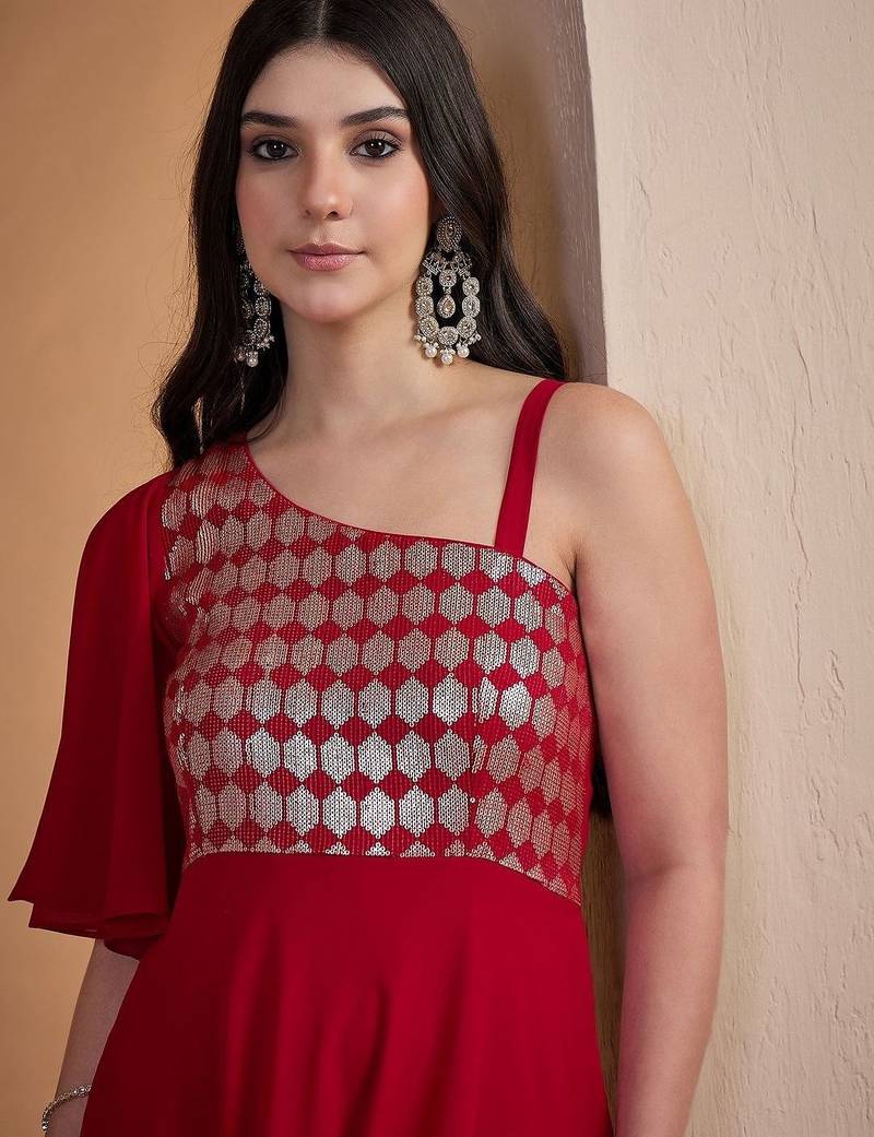 Red colour Embroidered Ethnic Gown