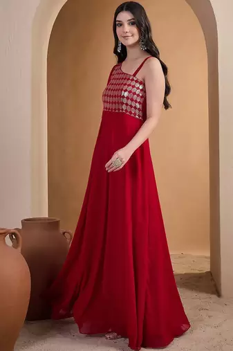 Red colour Embroidered Ethnic Gown