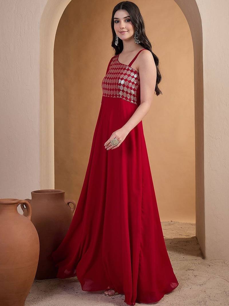 Red colour Embroidered Ethnic Gown