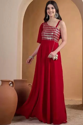 Red colour Embroidered Ethnic Gown