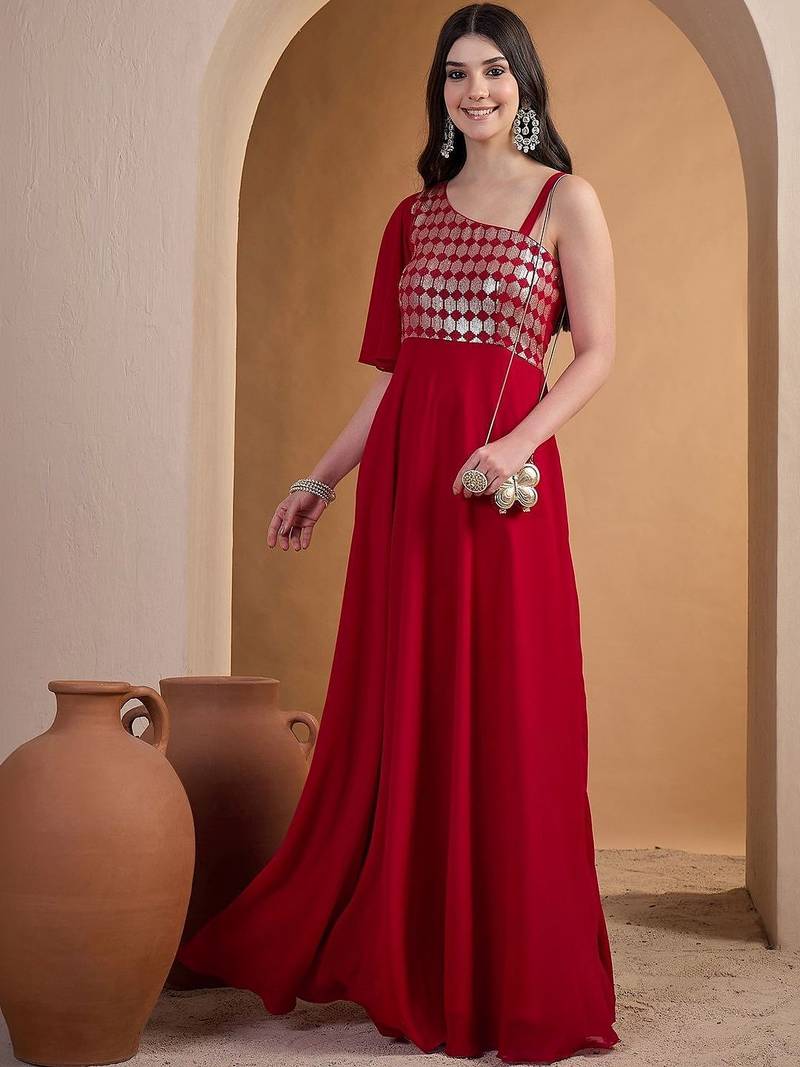 Red colour Embroidered Ethnic Gown