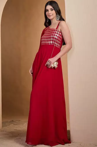 Red colour Embroidered Ethnic Gown