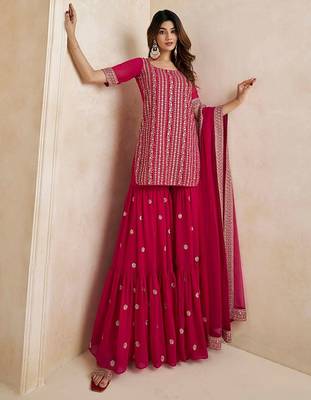 Magenta Floral Embroidered Straight Kurti & Sharara With Dupatta 1