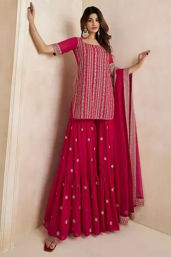 Magenta Floral Embroidered Straight Kurti & Sharara With Dupatta