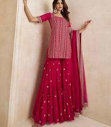 Magenta Floral Embroidered Straight Kurti & Sharara With Dupatta