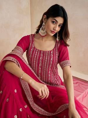 Magenta Floral Embroidered Straight Kurti & Sharara With Dupatta 2