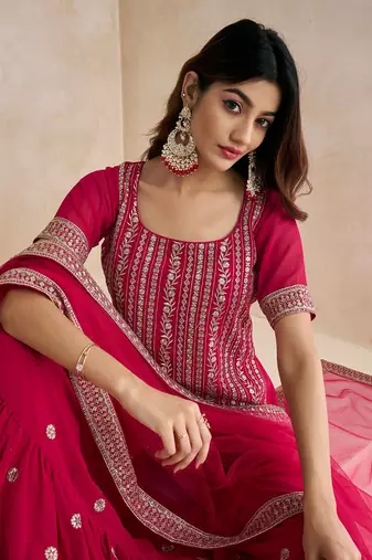 Magenta Floral Embroidered Straight Kurti & Sharara With Dupatta