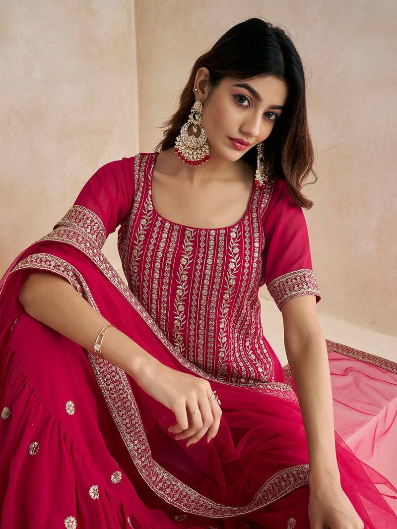 Magenta Floral Embroidered Straight Kurti & Sharara With Dupatta