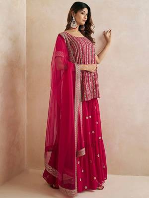 Magenta Floral Embroidered Straight Kurti & Sharara With Dupatta 3