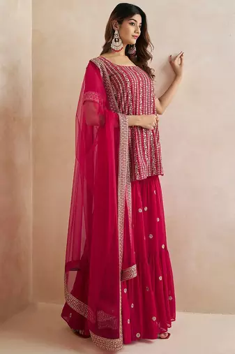 Magenta Floral Embroidered Straight Kurti & Sharara With Dupatta