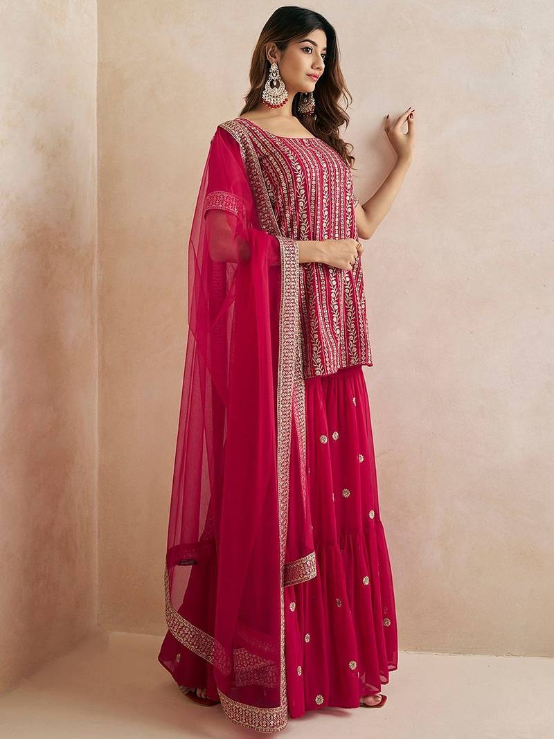 Magenta Floral Embroidered Straight Kurti & Sharara With Dupatta