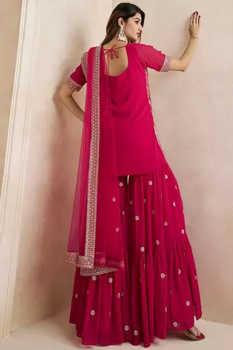 Magenta Floral Embroidered Straight Kurti & Sharara With Dupatta