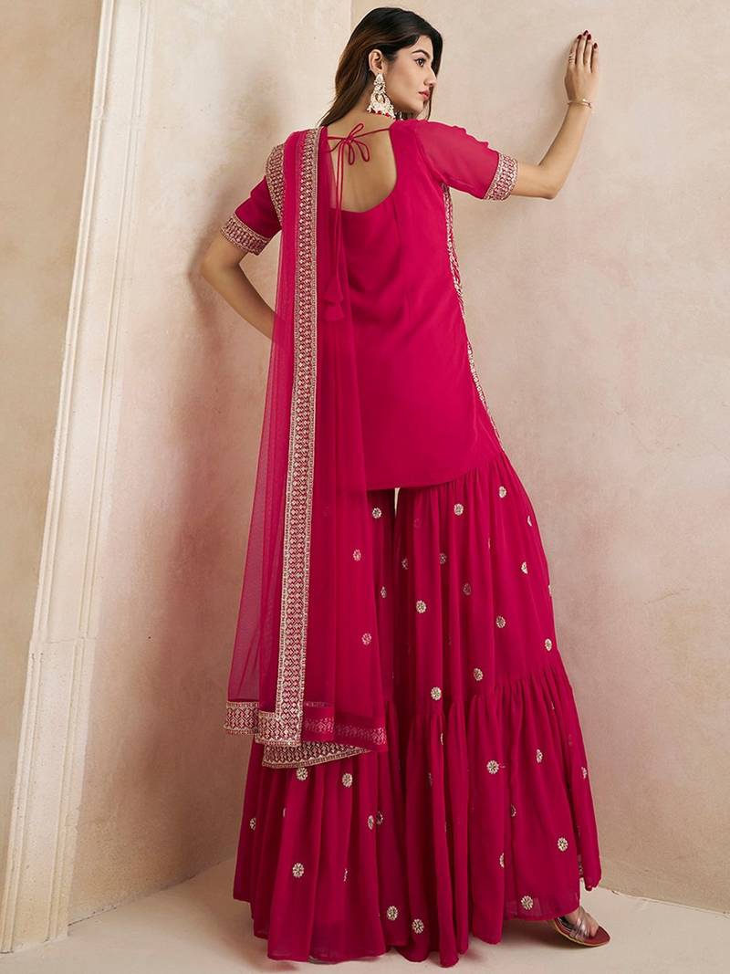 Magenta Floral Embroidered Straight Kurti & Sharara With Dupatta