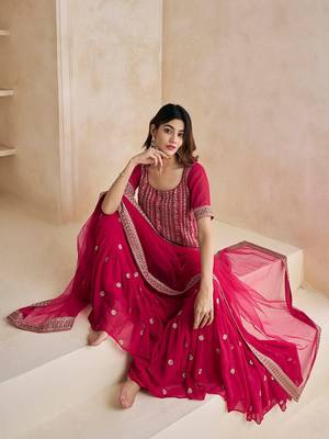 Magenta Floral Embroidered Straight Kurti & Sharara With Dupatta 5