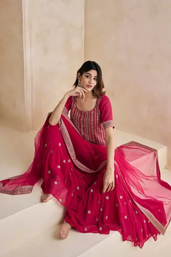 Magenta Floral Embroidered Straight Kurti & Sharara With Dupatta