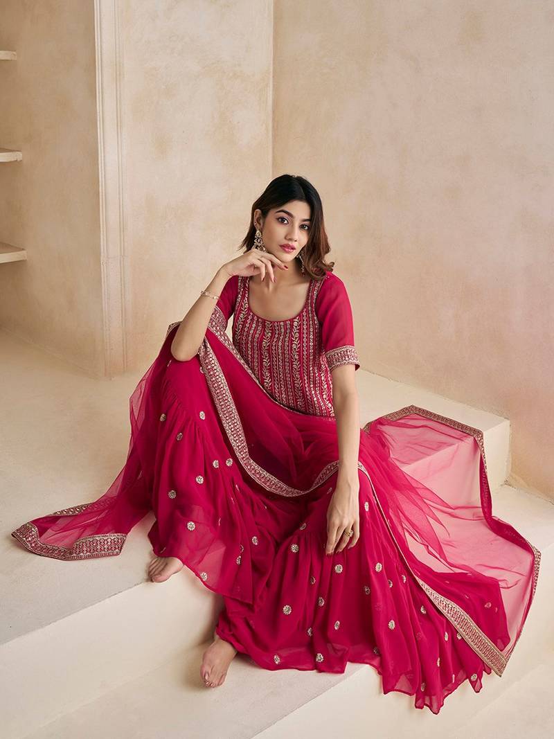 Magenta Floral Embroidered Straight Kurti & Sharara With Dupatta