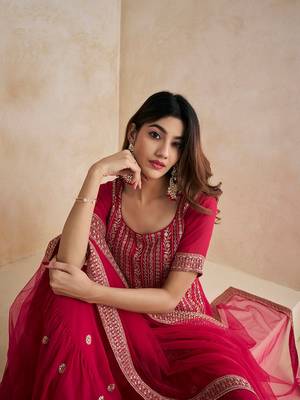 Magenta Floral Embroidered Straight Kurti & Sharara With Dupatta 6