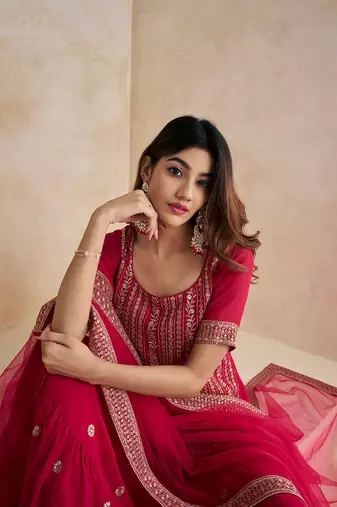 Magenta Floral Embroidered Straight Kurti & Sharara With Dupatta