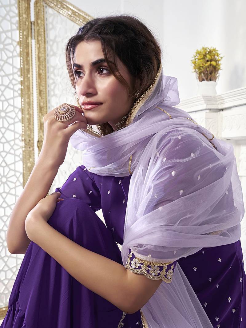 Women Floral Thread Sequinned Embroidered Kurta with Palazzos & Dupatta Set