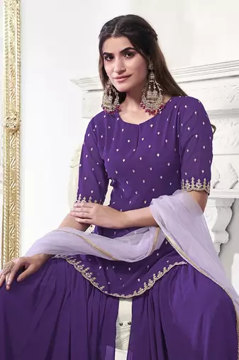 Women Floral Thread Sequinned Embroidered Kurta with Palazzos & Dupatta Set