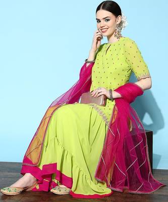 Women Green Ethnic Motifs Embroidered Thread Work Kurta with Sharara & Dupatta 1