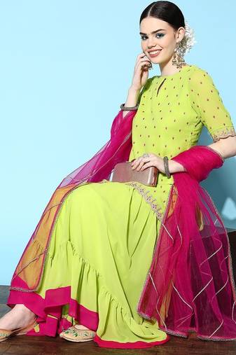 Women Green Ethnic Motifs Embroidered Thread Work Kurta with Sharara & Dupatta