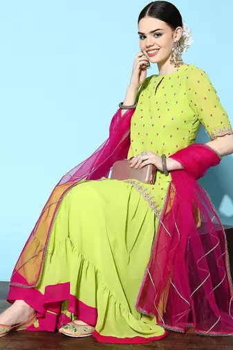 Women Green Ethnic Motifs Embroidered Thread Work Kurta with Sharara & Dupatta