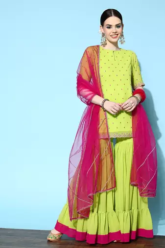 Women Green Ethnic Motifs Embroidered Thread Work Kurta with Sharara & Dupatta