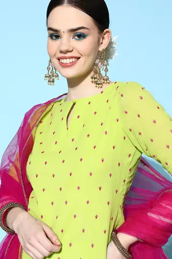 Women Green Ethnic Motifs Embroidered Thread Work Kurta with Sharara & Dupatta