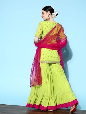 Women Green Ethnic Motifs Embroidered Thread Work Kurta with Sharara & Dupatta 5