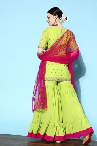 Women Green Ethnic Motifs Embroidered Thread Work Kurta with Sharara & Dupatta