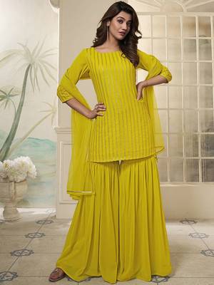 Striped Embroidered Straight Short Kurti With Sharara & Dupatta 1