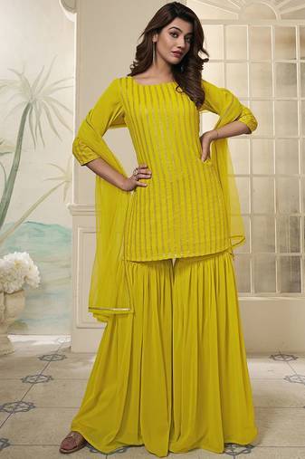 Striped Embroidered Straight Short Kurti With Sharara & Dupatta