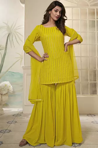 Striped Embroidered Straight Short Kurti With Sharara & Dupatta